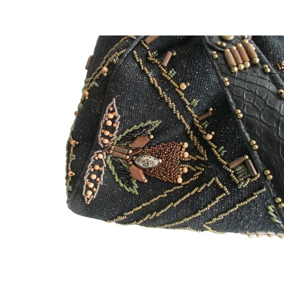 *Mary Frances Vintage Brown Beaded Satchel Tulip Motif Seed and Wooden Beads - Picture 2 of 14